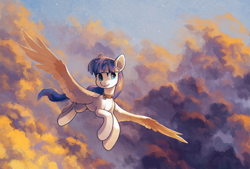 Size: 2951x2000 | Tagged: safe, artist:koviry, oc, oc only, oc:snow pup, equine, fictional species, mammal, pegasus, pony, feral, friendship is magic, hasbro, my little pony, cloud, cloudy, collar, female, flying, high res, mare, sky, smiling, solo, solo female, spread wings, stars, sunset, wings