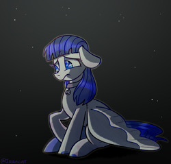 Size: 1524x1458 | Tagged: safe, artist:1racat, oc, oc only, oc:snow pup, equine, fictional species, mammal, pegasus, pony, feral, friendship is magic, hasbro, my little pony, collar, female, floppy ears, lifted leg, looking down, pet tag, sad, sitting, solo, solo female, spread wings, wings, wings down
