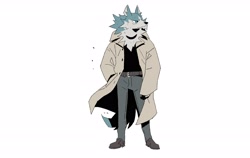 Size: 2846x1800 | Tagged: safe, artist:trisketched, shirou ogami (bna), canine, mammal, wolf, anthro, bna: brand new animal, belt, blue eyes, bottomwear, cheek fluff, clothes, coat, fluff, front view, looking sideways, male, neck fluff, pants, shirt, shoes, simple background, solo, solo male, tail, topwear, white background