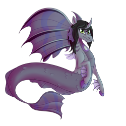 Size: 2500x2500 | Tagged: safe, artist:puddingskinmcgee, equine, fictional species, fish, hippocampus, mammal, siren (mlp), feral, friendship is magic, hasbro, kellin quinn, my little pony, sleeping with sirens, 2020, black hair, black mane, brown hair, brown mane, cloven hooves, commission, curved horn, digital art, fins, fish tail, gray skin, green eyes, hair, high res, hooves, horn, looking at you, male, mane, ponified, scales, simple background, slit pupils, smiling, solo, solo male, tail, transparent background
