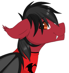 Size: 741x783 | Tagged: safe, artist:melodytheartpony, bat pony, equine, fictional species, mammal, pony, feral, clandestine industries, fall out boy, friendship is magic, hasbro, my little pony, pete wentz, 2020, bat wings, black hair, black mane, brown eyes, bust, clothes, commission, cute, digital art, ear fluff, fangs, feralized, floppy ears, fluff, folded wings, fur, furrified, hair, hoodie, looking at you, male, mane, ponified, profile, red fur, side view, simple background, slit pupils, smiling, solo, solo male, stallion, striped mane, teeth, topwear, transparent background, webbed wings, wings, ych result