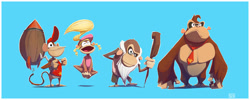 Size: 1495x600 | Tagged: safe, artist:ben-olive, cranky kong (donkey kong), diddy kong (donkey kong), dixie kong (donkey kong), donkey kong (donkey kong), ape, chimpanzee, fictional species, gorilla, kong (species), mammal, monkey, primate, anthro, plantigrade anthro, donkey kong (series), nintendo, 2014, blue background, clothes, female, group, male, necktie, simple background, size difference, spider monkey