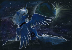 Size: 897x623 | Tagged: safe, artist:imanika, princess luna (mlp), alicorn, equine, fictional species, mammal, pony, feral, friendship is magic, hasbro, my little pony, earth, female, green eyes, horn, solo, solo female, space, spread wings, traditional art, wings