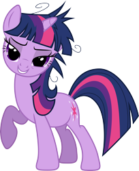 Size: 6834x8371 | Tagged: safe, artist:djdavid98, artist:uxyd, twilight sparkle (mlp), equine, fictional species, mammal, pony, unicorn, feral, friendship is magic, hasbro, my little pony, .ai available, 2015, absurd resolution, bedroom eyes, blue hair, female, fur, grin, hair, hooves, horn, leaning forward, looking at you, messy hair, on model, purple eyes, purple fur, raised leg, simple background, smiling, solo, solo female, teeth, transparent background, vector