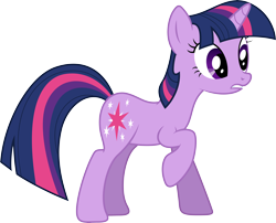 Size: 9792x7903 | Tagged: safe, artist:djdavid98, artist:uxyd, twilight sparkle (mlp), equine, fictional species, mammal, pony, unicorn, feral, friendship is magic, hasbro, my little pony, .ai available, 2015, absurd resolution, blue hair, cutie mark, female, fur, hair, hooves, horn, looking at something, on model, purple eyes, purple fur, raised leg, simple background, solo, solo female, tail, transparent background, vector, worried