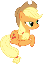 Size: 5517x8220 | Tagged: safe, artist:djdavid98, artist:uxyd, applejack (mlp), earth pony, equine, fictional species, mammal, pony, feral, friendship is magic, hasbro, my little pony, .ai available, 2015, absurd resolution, clothes, cutie mark, female, freckles, fur, green eyes, hair, hat, hooves, looking at something, lying down, on model, orange fur, simple background, solo, solo female, tail, transparent background, vector, yellow hair