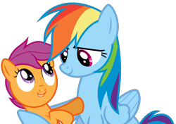 Size: 8000x5618 | Tagged: safe, artist:djdavid98, rainbow dash (mlp), scootaloo (mlp), equine, fictional species, mammal, pegasus, pony, feral, friendship is magic, hasbro, my little pony, .ai available, 2015, absurd resolution, blue fur, duo, duo female, female, females only, filly, foal, fur, hooves, hug, looking at each other, magenta eyes, mare, on model, orange fur, purple eyes, rainbow hair, red hair, simple background, tail, transparent background, vector, wing hug, wings, young