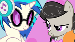 Size: 3840x2160 | Tagged: safe, artist:djdavid98, octavia melody (mlp), vinyl scratch (mlp), earth pony, equine, fictional species, mammal, pony, unicorn, feral, friendship is magic, hasbro, my little pony, trace, .ai available, 2015, 2d, abstract background, blue hair, bow tie, clothes, duo, duo female, female, females only, fur, glasses, gray fur, gray hair, hair, headphones, high res, horn, looking at each other, magenta eyes, mare, on model, smiling, split screen, sunglasses, vector, wallpaper, white fur