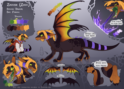 Size: 4000x2900 | Tagged: safe, artist:zazush-una, oc, oc only, oc:zazush, dragon, fictional species, reptile, western dragon, feral, abstract background, bottom view, claws, clothes, color palette, disembodied foot, english text, female, fire, fire breathing, forked tongue, green eyes, hair, horns, open mouth, picture-in-picture, reptile feet, reptile soles, scales, sharp teeth, side view, sitting, slit pupils, soles, solo, solo female, spread wings, standing, tail, teeth, top view, webbed wings, wings