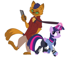 Size: 1220x1000 | Tagged: safe, artist:weasley-detectives, capper dapperpaws (mlp), judy hopps (zootopia), nick wilde (zootopia), twilight sparkle (mlp), abyssinian, alicorn, cat, equine, feline, fictional species, mammal, pony, anthro, feral, plantigrade anthro, disney, friendship is magic, hasbro, my little pony, my little pony: the movie, zootopia, 2018, anthro/feral, capperlight (mlp), cell phone, cheek fluff, chest fluff, clothes, crossover, duo, duo male and female, eye through hair, fangs, female, fluff, folded wings, green eyes, hair, hand hold, holding, horn, interspecies, looking at someone, looking at something, looking back, magic, male, male/female, necktie, on model, paws, phone, raised leg, shipping, simple background, smartphone, tail, tail wraps, teeth, walking, white background, wildehopps (zootopia), wings, wraps