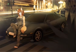 Size: 1280x884 | Tagged: safe, artist:f-r95, oc, oc only, canine, mammal, wolf, anthro, digitigrade anthro, bottomwear, breasts, car, chest fluff, city, clothes, female, fluff, hair, looking at you, night, pants, solo, solo female, street, tail, tail fluff, toyota, toyota mr-2, vehicle, watermark
