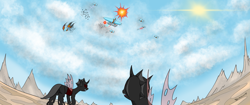 Size: 4096x1714 | Tagged: safe, artist:skydreams, arthropod, changeling, equine, fictional species, feral, friendship is magic, hasbro, my little pony, 2020, aircraft, airship, ambiguous gender, badlands, battle, celestial dawn, cloud, explosion, group, horn, royal equestrian skyguard, sun, vehicle