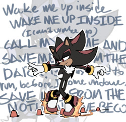 Size: 500x486 | Tagged: safe, artist:spiritsonic, shadow the hedgehog (sonic), hedgehog, mammal, anthro, sega, sonic the hedgehog (series), 2020, chest fluff, cup, dancing, evanescence, fluff, low res, lyrics, male, quills, solo, solo male