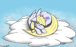Size: 1920x1200 | Tagged: safe, artist:skydreams, oc, oc only, oc:loves lift, equine, fictional species, mammal, pegasus, pony, feral, friendship is magic, hasbro, my little pony, 2020, 8:5, cloud, commission, curled up, female, mare, sleeping, solo, solo female