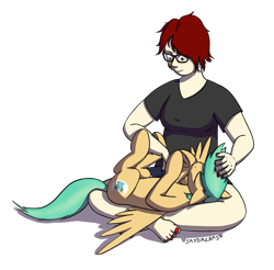 Size: 1185x1166 | Tagged: safe, artist:skydreams, oc, oc:summer ray, equine, fictional species, human, mammal, pegasus, pony, feral, friendship is magic, hasbro, my little pony, 2020, duo, female, glasses, human on pony snuggling, nail polish, petting, simple background, spread wings, transparent background, wings