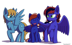 Size: 1920x1200 | Tagged: safe, artist:skydreams, oc, oc only, oc:skittlebug, oc:skitzy, oc:windstorm, equine, fictional species, mammal, pegasus, pony, feral, friendship is magic, hasbro, my little pony, 2020, 8:5, chest fluff, commission, family photo, female, filly, fluff, foal, glasses, group, mare, simple background, smiling, spread wings, transparent background, trio, wings, young