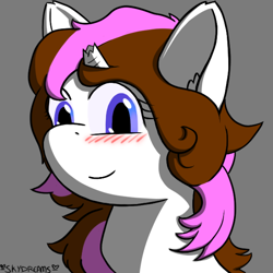Size: 600x600 | Tagged: safe, artist:skydreams, oc, oc only, oc:lyric, equine, fictional species, mammal, pony, unicorn, ambiguous form, friendship is magic, hasbro, my little pony, 2020, blushing, broken horn, bust, commission, femboy, hair, horn, looking at you, male, mane, portrait, signature, simple background, smiling, solo, solo male, stallion