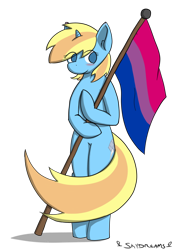 Size: 642x924 | Tagged: safe, artist:skydreams, oc, oc only, oc:skydreams, equine, fictional species, mammal, pony, unicorn, anthro, friendship is magic, hasbro, my little pony, anthrofied, bisexual pride flag, blushing, female, flag, horn, mare, pride, pride flag, pride month, simple background, solo, solo female, standing, transparent background
