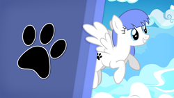 Size: 3840x2160 | Tagged: safe, artist:djdavid98, artist:goblinengineer, part of a set, oc, oc only, oc:snow pup, equine, fictional species, mammal, pegasus, pony, feral, friendship is magic, hasbro, my little pony, 16:9, 2015, blue eyes, blue hair, cloud, cutie mark, female, flying, fur, hair, high res, hooves, smiling, solo, solo female, spread wings, tail, teeth, vector, wallpaper, wallpaper edit, white fur, wings