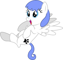 Size: 3338x3200 | Tagged: safe, artist:djdavid98, oc, oc only, oc:snow pup, oc:snowpup, equine, fictional species, mammal, pegasus, pony, feral, friendship is magic, hasbro, my little pony, 2015, blue eyes, blue hair, cutie mark, eyelashes, feathered wings, feathers, female, fur, hair, high res, hooves, lying down, on back, open mouth, simple background, solo, solo female, spread wings, tail, transparent background, vector, white fur, wings