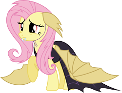 Size: 5112x3924 | Tagged: safe, artist:djdavid98, flutterbat (mlp), fluttershy (mlp), bat pony, equine, fictional species, mammal, pegasus, pony, feral, friendship is magic, hasbro, my little pony, .ai available, .svg available, 2015, absurd resolution, clothes, costume, fangs, female, floppy ears, fur, hooves, on model, pink hair, raised leg, red eyes, sad, simple background, solo, solo female, species swap, teeth, transparent background, vector, wings, yellow fur