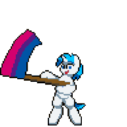 Size: 384x384 | Tagged: safe, artist:bitassembly, oc, oc only, oc:supersaw, equine, fictional species, mammal, pony, unicorn, feral, friendship is magic, hasbro, my little pony, 1:1, animated, bipedal, bisexual pride flag, bitassembly flag waving ych, femboy, flag, flag waving, gif, horn, low res, male, pixel animation, pixel art, pride, pride flag, simple background, solo, solo male, transparent background