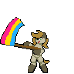 Size: 384x384 | Tagged: source needed, safe, artist:bitassembly, oc, oc only, oc:logic puzzle, equine, fictional species, mammal, pony, unicorn, feral, friendship is magic, hasbro, my little pony, animated, bipedal, bitassembly flag waving ych, femboy, flag, flag waving, gif, horn, low res, male, pansexual pride flag, pixel animation, pixel art, pride, pride flag, solo, solo male