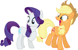 Size: 4926x3200 | Tagged: safe, artist:djdavid98, artist:hawk9mm, artist:uxyd, applejack (mlp), rarity (mlp), earth pony, equine, fictional species, mammal, pony, unicorn, feral, friendship is magic, hasbro, my little pony, .ai available, 2015, blue eyes, clothes, cutie mark, duo, duo female, female, females only, freckles, fur, green eyes, group, hat, high res, hooves, horn, looking at butt, on model, open mouth, orange fur, purple hair, raised leg, simple background, tail, transparent background, vector, white fur, yellow hair
