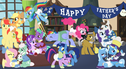 Size: 11000x6000 | Tagged: safe, artist:evilfrenzy, applejack (mlp), bow hothoof (mlp), bright mac (mlp), firelight (mlp), fluttershy (mlp), gentle breeze (mlp), hondo flanks (mlp), igneous rock pie (mlp), jack pot (mlp), night light (mlp), pinkie pie (mlp), rainbow dash (mlp), rarity (mlp), starlight glimmer (mlp), trixie (mlp), twilight sparkle (mlp), alicorn, bird, dove, earth pony, equine, fictional species, lagomorph, mammal, pegasus, pony, rabbit, unicorn, feral, friendship is magic, hasbro, my little pony, 2019, absurd resolution, booties, bow, butt touch, clothes, cutie mark, daughter, diaper, diaper fetish, father, father and daughter, father's day, female, fetish, folded wings, group, hair, hair bow, holding, hoof on butt, horn, indoors, large group, male, mane six (mlp), mouth hold, pacifier, pony ride, tail, wings