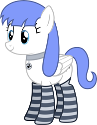 Size: 5000x6414 | Tagged: safe, artist:djdavid98, oc, oc only, oc:snow pup, equine, fictional species, mammal, pegasus, pony, feral, friendship is magic, hasbro, my little pony, 2015, absurd resolution, blue eyes, blue hair, clothes, collar, cutie mark, female, fur, hair, hooves, legwear, pet tag, simple background, smiling, socks, solo, solo female, striped clothes, striped legwear, tail, transparent background, vector, white fur, wings