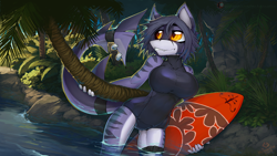 Size: 1500x844 | Tagged: safe, artist:mctrancefox, oc, oc only, oc:natali (macmegagerc), fish, shark, anthro, breasts, female, fins, fish tail, one-piece swimsuit, shark tail, solo, solo female, surfboard, tail