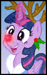 Size: 3500x5532 | Tagged: safe, artist:djdavid98, artist:pirill, rudolph the red nosed reindeer, twilight sparkle (mlp), alicorn, cervid, deer, equine, fictional species, mammal, pony, reindeer, feral, friendship is magic, hasbro, my little pony, 2016, absurd resolution, antlers, blue hair, border, chest fluff, clothes, female, fluff, fur, gradient background, holly, hooves, horn, magic, mare, on model, open mouth, purple eyes, purple fur, simple background, snow, snowfall, solo, solo female, tail, vector, wings, winter