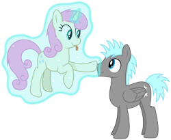 Size: 1220x1000 | Tagged: safe, artist:chainchomp2 edit, artist:djdavid98, twilight sky (mlp), twinkleshine (mlp), equine, fictional species, mammal, pegasus, pony, unicorn, feral, friendship is magic, hasbro, my little pony, 2016, :p, boop, cel shading, commission, cyan hair, duo, female, fur, gray fur, hair, hooves, horn, levitation, looking at each other, magic, male, on model, pink hair, scrunchy face, self-levitation, simple background, stallion, tail, telekinesis, tongue, tongue out, transparent background, vector, wings, yellow fur