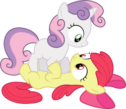 Size: 4646x4000 | Tagged: safe, artist:djdavid98, apple bloom (mlp), sweetie belle (mlp), earth pony, equine, fictional species, mammal, pony, unicorn, feral, friendship is magic, hasbro, my little pony, .ai available, .svg available, 2016, absurd resolution, bow, colored outline, duo, duo female, female, females only, filly, flat colors, foal, gray outline, green eyes, hair bow, hooves, horn, on model, orange eyes, pink hair, pink outline, pinned, pinned down, pounce, purple hair, purple outline, red hair, red outline, simple background, transparent background, vector, yellow outline, young