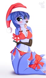 Size: 1009x1683 | Tagged: suggestive, artist:omi, krystal (star fox), canine, fox, mammal, anthro, nintendo, star fox, belly button, blue fur, blue hair, blushing, bra, breasts, christmas, clothes, costume, female, fur, gloves, hair, hat, holding, holiday, mouth hold, panties, present, santa costume, santa hat, simple background, solo, solo female, underwear, vixen