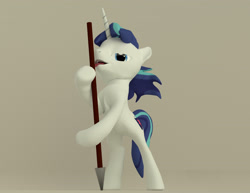Size: 3300x2550 | Tagged: suggestive, artist:deedeeteearts, furbooru exclusive, shining armor (mlp), equine, fictional species, mammal, pony, unicorn, feral, series:ddt stallions calendar 2017, friendship is magic, hasbro, my little pony, 2017, 3d, blender, cutie mark, high res, licking, male, solo, solo male, spear, tongue, tongue out, weapon