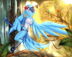 Size: 1374x1091 | Tagged: safe, artist:omi, jewel (rio), arthropod, bird, butterfly, insect, macaw, parrot, spix's macaw, anthro, blue sky studios, rio, bird feet, breasts, clothes, feathers, female, flower, flower on head, panties, solo, solo female, tail, tail feathers, tank top, topwear, underwear