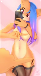Size: 959x1772 | Tagged: suggestive, artist:omi, oc, oc only, oc:gumi, canine, fox, mammal, anthro, belly button, blue hair, breasts, cell phone, clothes, color porn, female, fur, hair, legwear, nudity, one finger selfie challenge, orange fur, phone, red eyes, solo, solo female, stockings