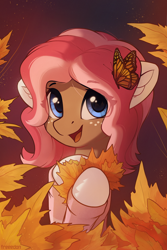 Size: 2000x3000 | Tagged: safe, artist:freeedon, oc, oc only, arthropod, butterfly, earth pony, equine, fictional species, insect, mammal, pony, feral, friendship is magic, hasbro, my little pony, autumn, commission, female, freckles, happy, high res, leaf, mare, open mouth, solo, solo female