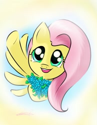 Size: 1080x1390 | Tagged: safe, artist:freeedon, fluttershy (mlp), equine, fictional species, mammal, pegasus, pony, feral, friendship is magic, hasbro, my little pony, 2015, cute, female, flower, hair, happy, looking up, mare, open mouth, pink hair, pink mane, solo, solo female, waving, wings
