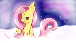 Size: 1920x1080 | Tagged: safe, artist:freeedon, fluttershy (mlp), equine, fictional species, mammal, pegasus, pony, feral, friendship is magic, hasbro, my little pony, 16:9, 2015, cute, female, folded wings, hair, half-lidded eyes, mare, pink hair, pink mane, signature, smiling, snow, solo, solo female, tail, wallpaper, wings