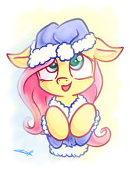 Size: 1556x2048 | Tagged: safe, artist:freeedon, fluttershy (mlp), equine, fictional species, mammal, pegasus, pony, feral, friendship is magic, hasbro, my little pony, clothes, female, hair, happy, hat, mare, open mouth, pink hair, pink mane, signature, smiling, solo, solo female, winter coat