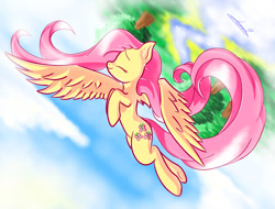 Size: 2048x1556 | Tagged: safe, artist:freeedon, fluttershy (mlp), equine, fictional species, mammal, pegasus, pony, feral, friendship is magic, hasbro, my little pony, cloud, eyes closed, female, flying, hair, happy, mare, pink hair, pink mane, signature, sky, smiling, solo, solo female, spread wings, tail, wings