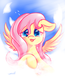 Size: 1556x1841 | Tagged: safe, artist:freeedon, fluttershy (mlp), equine, fictional species, mammal, pegasus, pony, feral, friendship is magic, hasbro, my little pony, 2016, cloud, cute, female, hair, happy, looking at you, mare, open mouth, pink hair, pink mane, signature, sky, solo, solo female, spread wings, wings