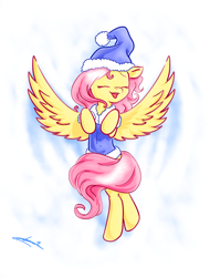 Size: 1556x2048 | Tagged: safe, artist:freeedon, fluttershy (mlp), equine, fictional species, mammal, pegasus, pony, feral, friendship is magic, hasbro, my little pony, 2015, clothes, eyes closed, female, hair, happy, hat, mare, pink hair, pink mane, signature, snow, solo, solo female, spread wings, tail, wings, winter