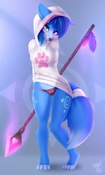 Size: 948x1581 | Tagged: suggestive, artist:omi, krystal (star fox), canine, fox, mammal, anthro, nintendo, star fox, blue fur, blue hair, blushing, breasts, clothes, female, fur, hair, holding, hoodie, looking at you, mouth hold, panties, solo, solo female, staff, tail, tail wraps, topwear, underwear, vixen, wraps