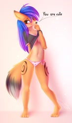 Size: 936x1601 | Tagged: suggestive, artist:omi, oc, oc only, oc:gumi, canine, fox, mammal, anthro, belly button, blue hair, breasts, clothes, female, fur, hair, nipple outline, orange fur, panties, red eyes, shirt, shirt lift, simple background, solo, solo female, text, topwear, underwear
