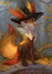 Size: 1000x1415 | Tagged: safe, artist:2d10art, braixen, fictional species, mammal, anthro, digitigrade anthro, nintendo, pokémon, amber eyes, cheek fluff, clothes, ear fluff, featured image, female, fluff, forest, front view, fur, hat, head fluff, headwear, kneeling, leaf, looking at you, on one knee, orange fur, outdoors, paws, raised tail, shoulder fluff, signature, solo, solo female, starter pokémon, tail, tail fluff, technical advanced, three-quarter view, underpaw, white fur, witch hat, yellow fur