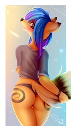 Size: 1000x1776 | Tagged: suggestive, artist:omi, oc, oc only, oc:gumi, canine, fox, mammal, anthro, biting, blue hair, butt, clothes, female, fur, hair, lip biting, looking back, orange fur, panties, rear view, red eyes, shirt, solo, solo female, tail, tail aside, thong, topwear, underwear