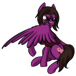 Size: 1500x1500 | Tagged: safe, artist:thrimby, equine, fictional species, mammal, pegasus, pony, feral, friendship is magic, hasbro, my little pony, pierce the veil, vic fuentes, 2020, angry, brown eyes, brown hair, brown mane, brown tail, clothes, commission, digital art, feathered wings, feathers, feralized, fur, furrified, grooming, hair, hooves, male, mane, nose piercing, piercing, ponified, preening, purple fur, raised hoof, shirt, simple background, sitting, solo, solo male, stallion, t-shirt, tail, topwear, transparent background, wings, ych result